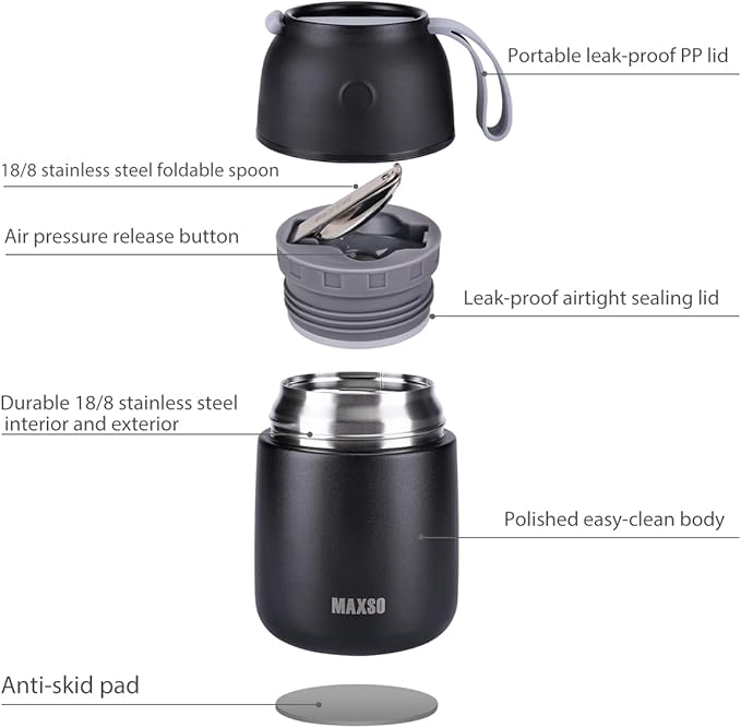 Insulated Thermo Food Jar for Hot & Cold Food for Kids Adult, 17 oz Soup Thermal Hot Food Containers for Lunch, Triple Layer Insulation Stainless Steel Food Jar with Spoon (Black)-BubblyBeeBaby