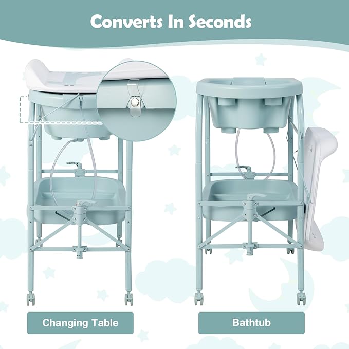 HONEY JOY Baby Changing Table with Bathtub, Foldable Infant Diaper Changing Station with Wheels, Storage Tray, Waterproof Pad, Portable Newborn Nursery Organizer Bath Stand for Boys Girls (Blue)-BubblyBeeBaby