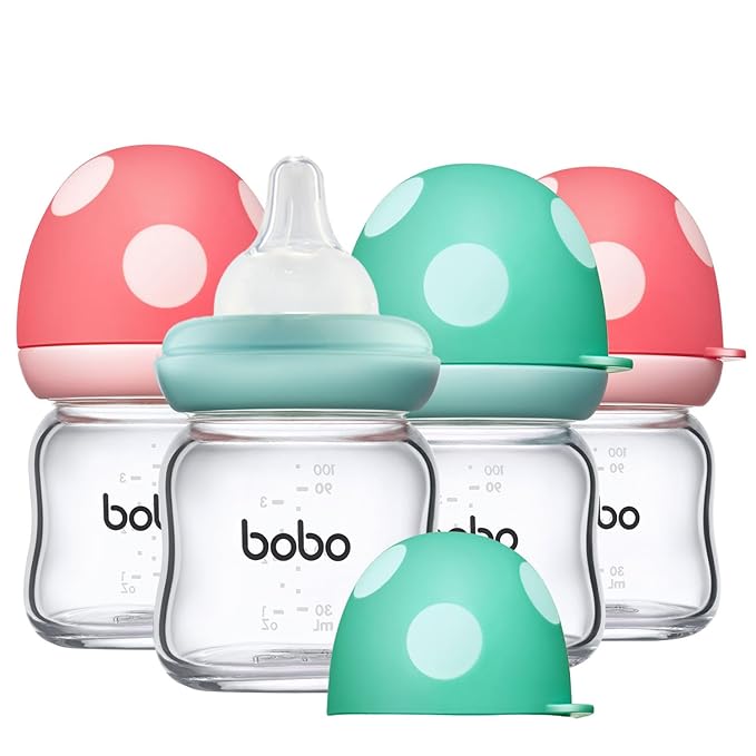 YOHKOH Natural Glass Baby Bottle with Natural Response Nipple, Newborn Anti-Colic Baby Bottles, Wide Neck Mushroom Cap Baby Bottle, Clear (3.4oz (Pack of 4), Multicolour)-BubblyBeeBaby