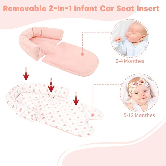 Infant Car Seat Insert, HNHUAMING Baby Car Seat Head & Body Support with 2 Strap Pads, Ultra Soft Newborn Preemie Carseat Insert Cushion for Girls Boys, Fits Car Seat, Stroller, Swing, Bouncer, Pink-BubblyBeeBaby