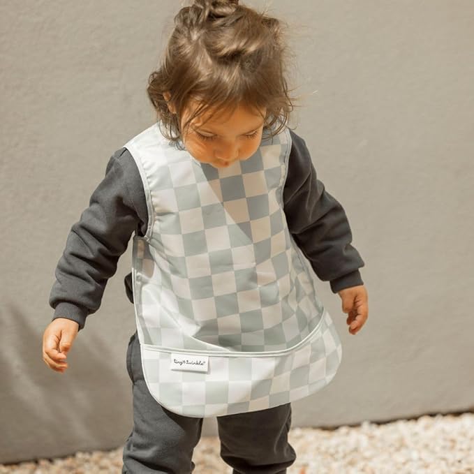 Tiny Twinkle Mess Proof Baby Bib - Waterproof & Lightweight Baby-Led Weaning Apron | 100% Recycled Polyester, Easy Clean & Machine Washable (Green Checkers, Large 2-4 Years)-BubblyBeeBaby