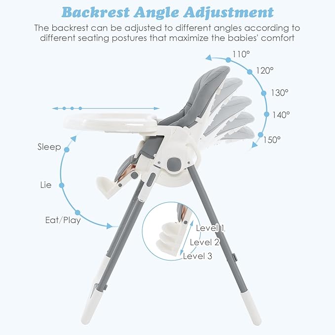 INFANS High Chair for Babies & Toddlers, Foldable Highchair with Multiple Adjustable Backrest Footrest Seat Height, Removable Tray, Detachable PU Leather Cushion, Built-in Rear Wheels (Light Grey)-BubblyBeeBaby