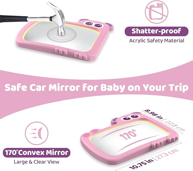 2-in-1 Baby Car Mirror with Lights & Soft Sounds, Cry Detector, Clear Night View, 360° Rotation, Shatterproof, Rear Facing Baby Car Seat Mirror with Remote Control, Perfect Baby Shower Gifts (Pink)-BubblyBeeBaby