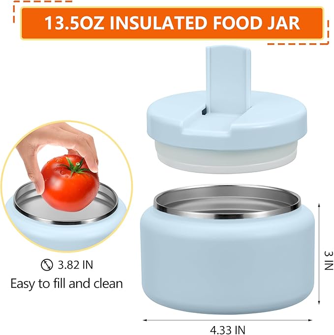 13.5oz Kids Thermos for Hot Food, Insulated Vacuum Food Jar with Buckle Lid, Stainless Steel Wide Mouth Leak Proof Insulated Lunch Container for School Picnic Travel, Blue-BubblyBeeBaby