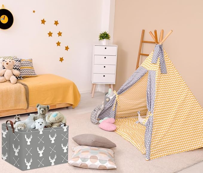 HIYAGON Baby Basket Cute Toy Bin for Boys and Girls Kids Storage Bin Organizer Box Gift Basket Empty Rectangular Deer Room Decor for Home(Grey deers)-BubblyBeeBaby
