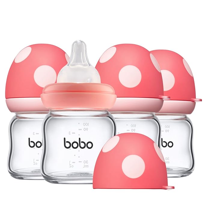 YOHKOH Natural Glass Baby Bottle with Natural Response Nipple, Newborn Anti-Colic Baby Bottles, Wide Neck Mushroom Cap Baby Bottle, Clear (3.4oz (Pack of 4), Red)-BubblyBeeBaby