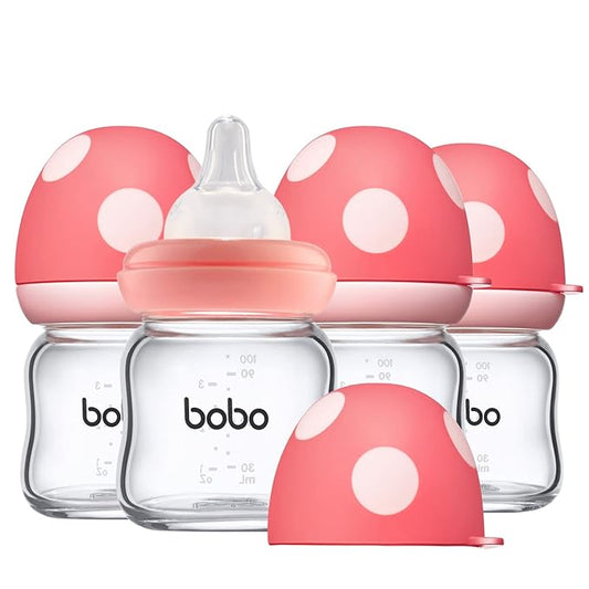 YOHKOH Natural Glass Baby Bottle with Natural Response Nipple, Newborn Anti-Colic Baby Bottles, Wide Neck Mushroom Cap Baby Bottle, Clear (3.4oz (Pack of 4), Red)-BubblyBeeBaby