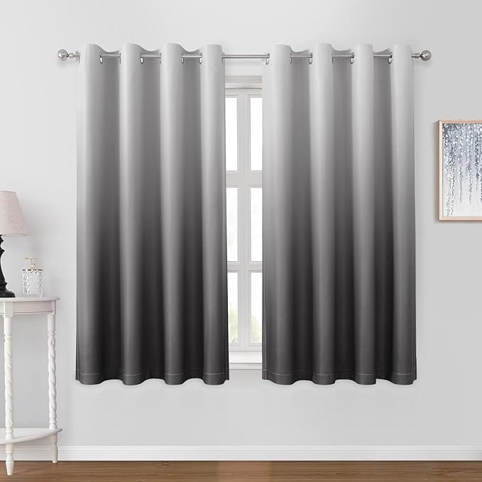 HOMEIDEAS Grey Gray Ombre Blackout Curtains 52 X 63 Inch Length Gradient Room Darkening Thermal Insulated Energy Saving Grommet 2 Panels Window Drapes for Living Room, Bedroom-BubblyBeeBaby