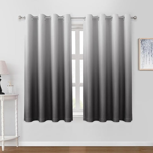 HOMEIDEAS Grey Gray Ombre Blackout Curtains 52 X 63 Inch Length Gradient Room Darkening Thermal Insulated Energy Saving Grommet 2 Panels Window Drapes for Living Room, Bedroom-BubblyBeeBaby