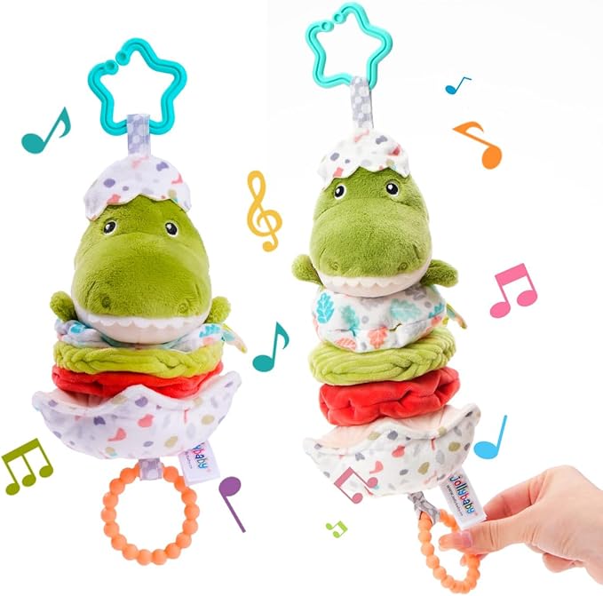 Jollybaby Baby Musical Pull String Hanging Toy for Stroller Car Seat Crib Play Gym, Plush Stuffed Dinasour Toy for Carseat with Music Teether Crinkle Paper, Sensory Toy for 0-6-12-18 Months Baby Gift-BubblyBeeBaby