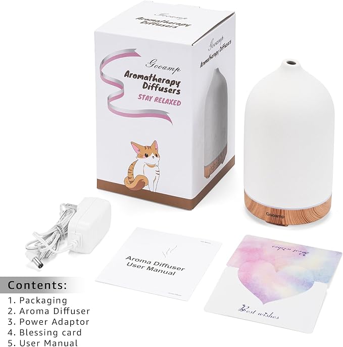 200ML Ceramic Essential Oil Diffuser - Ultrasonic Aromatherapy & Humidifier with 7-Color LED Lights, Auto Shut-Off, Wood Grain Base, 1H/3H/6H Timer | Scent for Home, Office, Yoga-BubblyBeeBaby