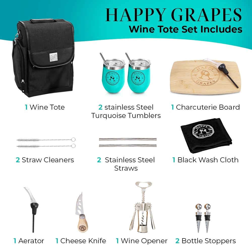 Happy Grapes Wine Tote Bag Set - Insulated Wine Carrier with 2 Stainless Steel Tumblers, Aerator, Charcuterie Board & Knife, Bottle Stoppers, Opener & Wash Cloth - for Picnics Beach Patio Pool Camp t