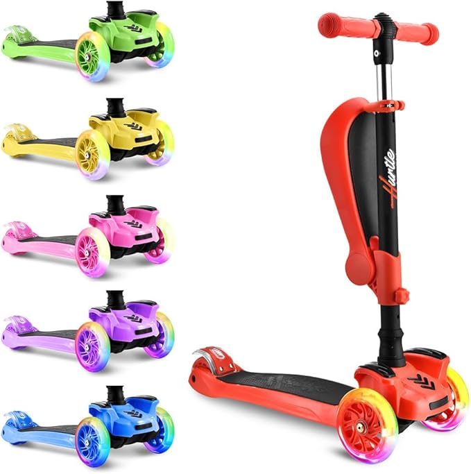 Hurtle 3-Wheeled Scooter for Kids - Wheel LED Lights, Adjustable Lean-to-Steer Handlebar, and Foldable Seat - Sit or Stand Ride with Brake for Boys and Girls Ages 1-14 Years Old-BubblyBeeBaby