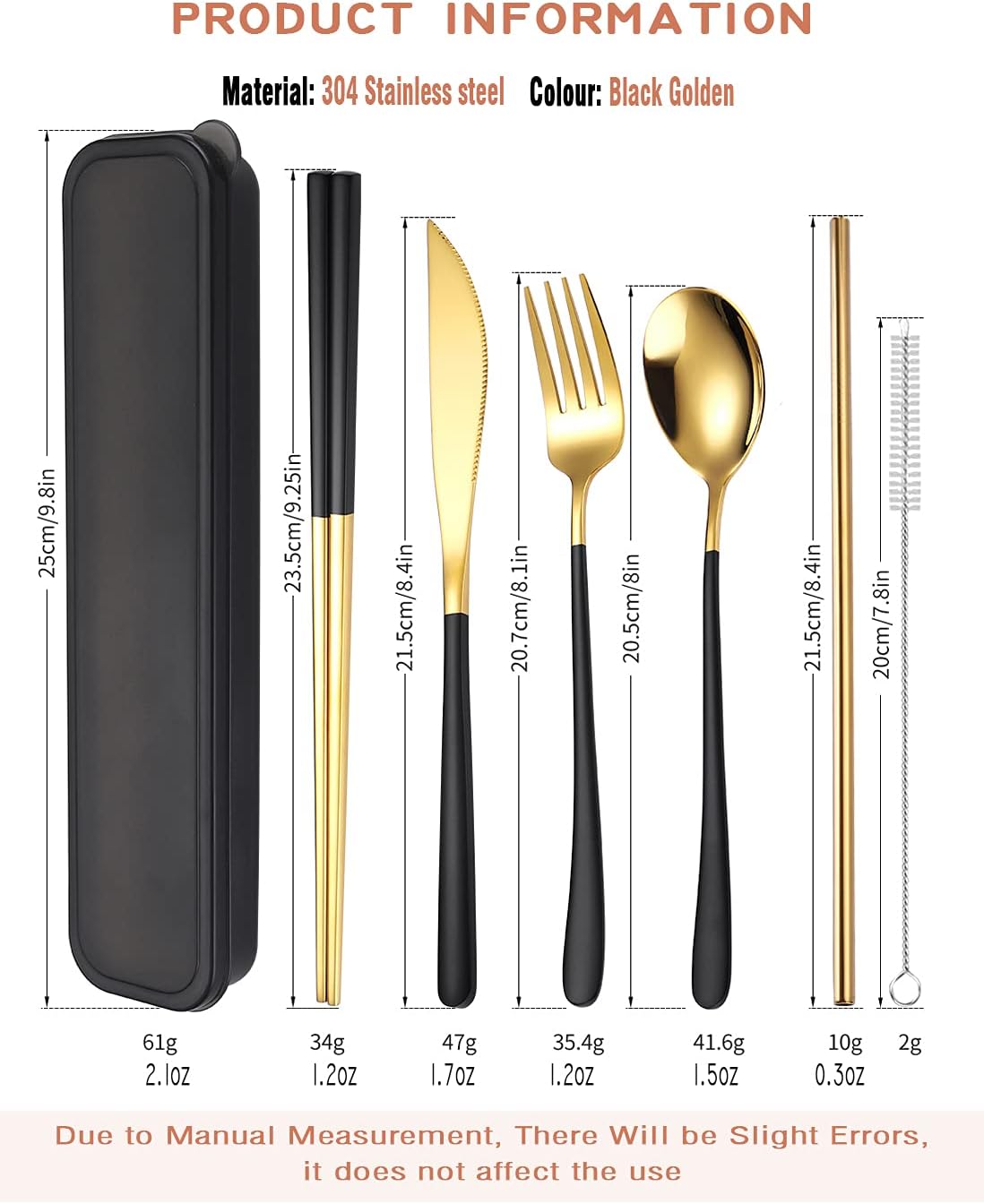 AARAINBOW 6 Pieces 18/8 Stainless Steel Flatware Set Portable Reusable Cutlery Set Travel Utensils Set Including Chopsticks Knife Fork Spoon Straws Cleaning Brush Dishwasher Safe (Black golden)