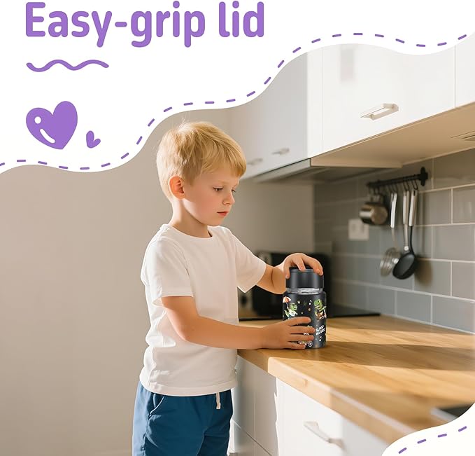 2-Pack Stainless Steel Vacuum Insulated Food Jar with Spoon, Soup Thermo Hot & Cold for Kids & Adults, Leakproof Insulated Lunch Containers with Carry Bag, 17oz.(Black-Dinosaur)-BubblyBeeBaby