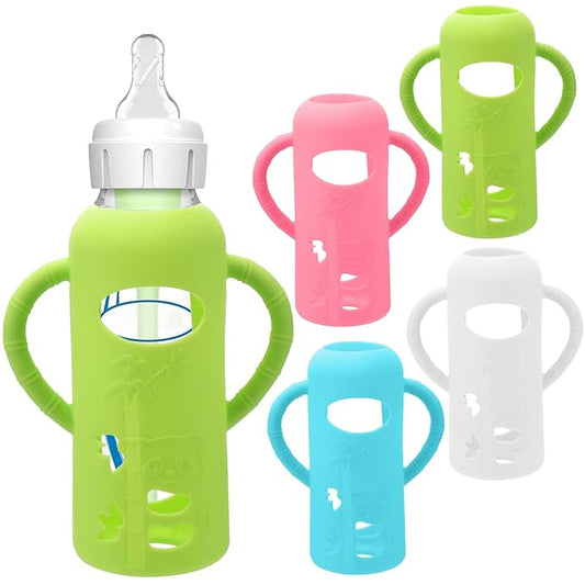 4 Pack Silicone Sleeves for Dr. Brown's Glass Baby Bottles - Drop Protection Baby Bottle Sleeves,Compatible with Dr. Brown's Newborn Glass Bottles,with Silicone Handles,8 oz-BubblyBeeBaby