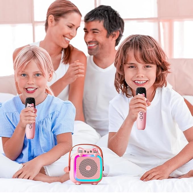 Karaoke Machine with 2 Wireless Microphones for Kids Adults,Portable Bluetooth Speaker Girls Toddlers Toy Gift for Aged 3-12 Year Birthday Parties Christmas Party - Pink-BubblyBeeBaby