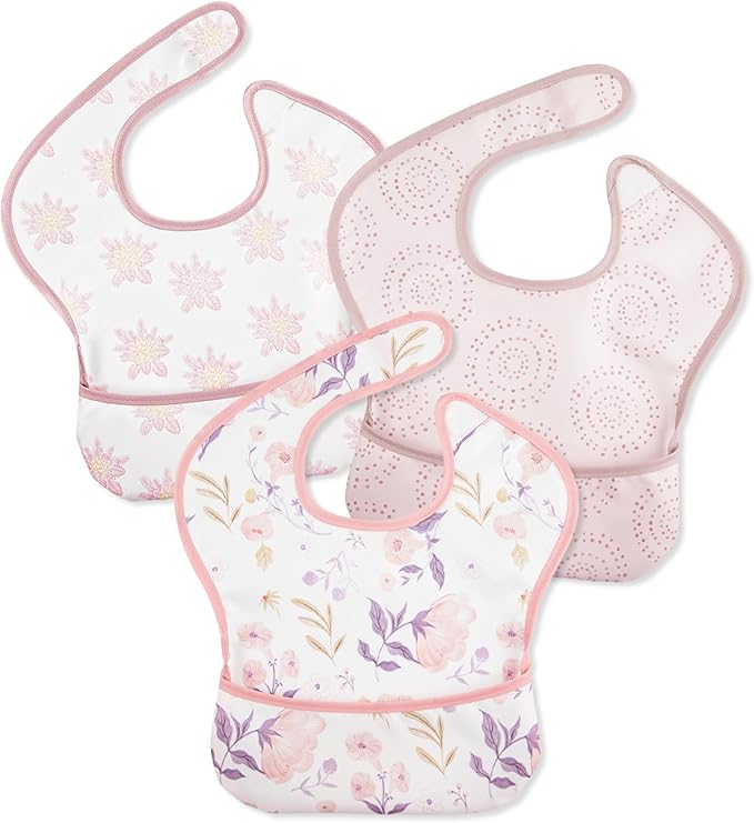 Mess Proof Baby Bib 3 Pack, Waterproof Led Weaning Baby Feeding Bibs with Food Catcher, Travel Feeding Bibs-BubblyBeeBaby