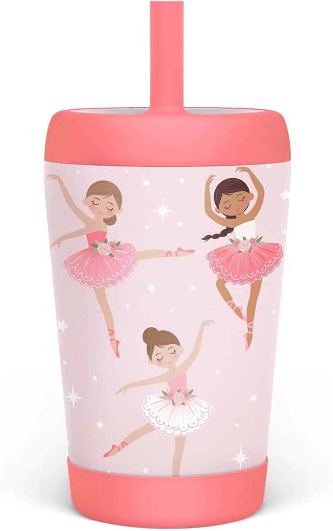 Kid Insulated Stainless Steel Tumbler with Silicone Straw, 12oz Sippy Cup for Kids (Pink Ballerina)-BubblyBeeBaby