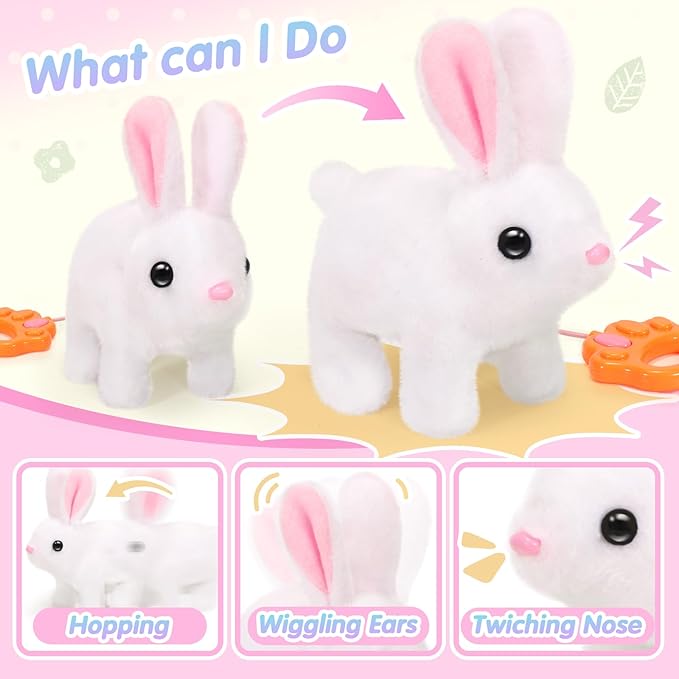Hopping Plush Bunny Easter Interactive Toys for Kids,Can Wagging Tail and Twitching Nose with Remote Control Leash,Easter Eggs and Decorations,Easter Christmas Birthday Gift for Toddlers-BubblyBeeBaby