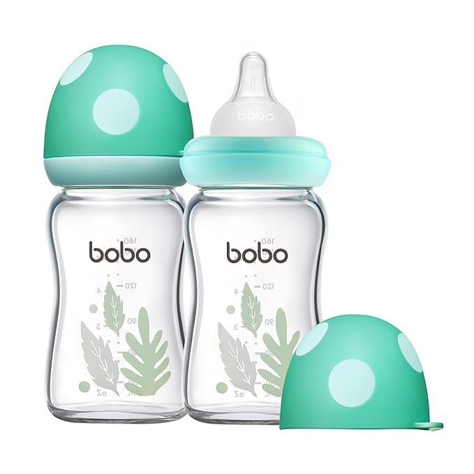 YOHKOH Natural Glass Baby Bottle with Natural Response Nipple, Newborn Anti-Colic Baby Bottles, Wide Neck Mushroom Cap Baby Bottle, Clear ((5.4oz (Pack of 2), Blue-A)-BubblyBeeBaby