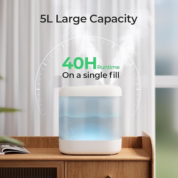 Homvana Humidifiers for Bedroom, 5L Super Easy to Clean Top Fill Auto Adapt Cool Mist Humidifier for Bedroom Plants Baby Kids for Home (Never Leaking Design), Quiet 40H Runtime, Essential Oil Diffuser-BubblyBeeBaby