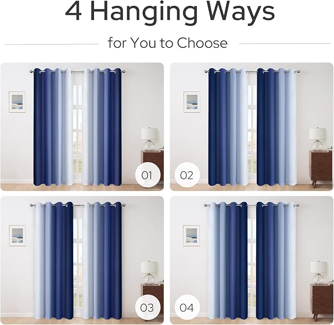 HOMEIDEAS Navy Blue Ombre Blackout Curtains, 52 X 96 Inch Length Gradient Color Room Darkening Curtains with Grommet Thermal Insulated Window Drapes for Living Room, Bedroom, 2 Panels-BubblyBeeBaby