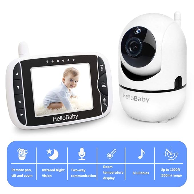 HelloBaby Video Baby Monitor with Remote Camera Pan-Tilt-Zoom, 3.2'' Color LCD Screen, Infrared Night Vision, Temperature Display, Lullaby, Two Way Audio-BubblyBeeBaby