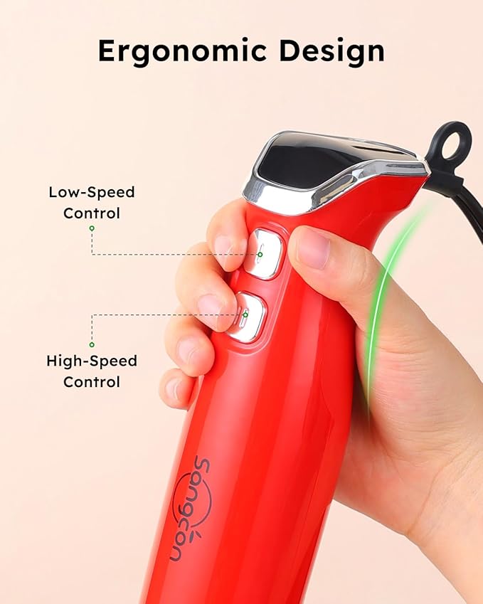 Sangcon Immersion Blender Handheld, 3-in-1 Hand Blender Electric, 400W Handheld Blender, Stainless Steel Blade Stick Blender with Whisk, Milk Frother Attachments - Red-BubblyBeeBaby