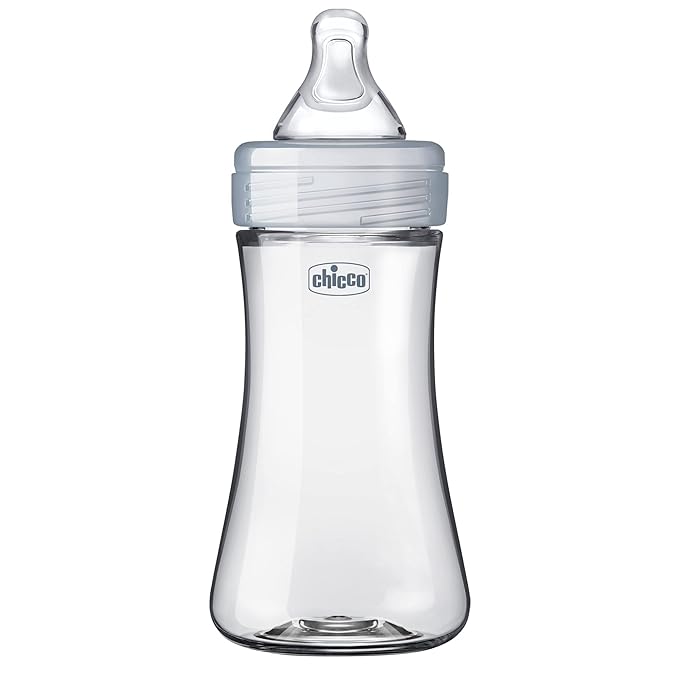 Chicco Duo 9oz. Hybrid Baby Bottle with Invinci-Glass Inside and Plastic Outside | Dishwasher, Bottle Warmer, and Electric Sterilizer Safe | Intui-Latch Nipple | Clear/Grey-BubblyBeeBaby