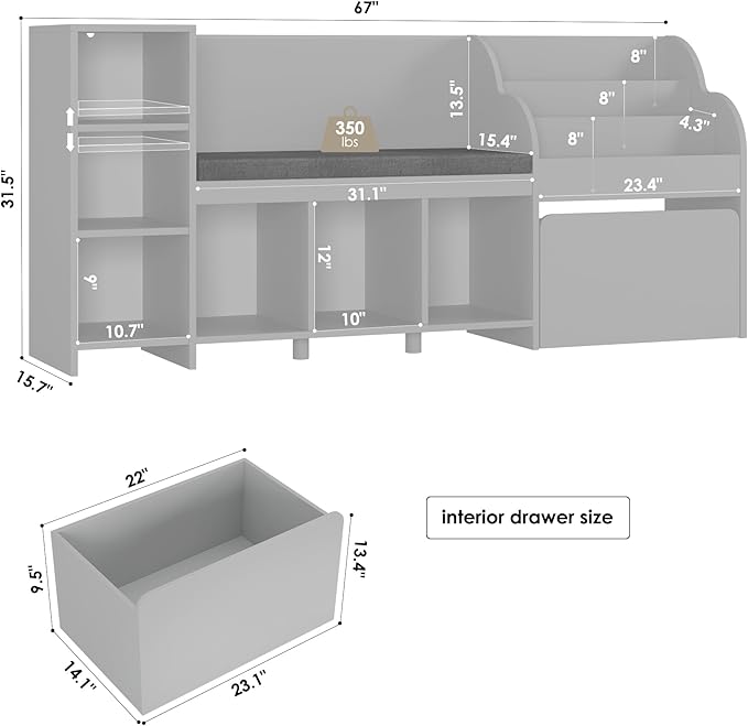 HOSTACK 67" Kids Reading Nook with Bench, Kids Bookshelf and Bookcase with Seat Cushion and 6 Storage Cubbies, Toy Storage Box on Wheels, Toy Chest for Playroom, Bedroom, School, Grey-BubblyBeeBaby