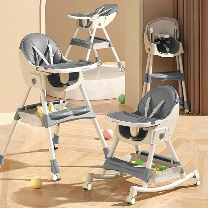 High Chairs for Babies and Toddlers, 4 in 1 Convertible Baby High Chair, Portable High Chair for Travel with Adjustable Height and Back, Foldable HighChair with Wheels& Pu Cushion (Grey)-BubblyBeeBaby