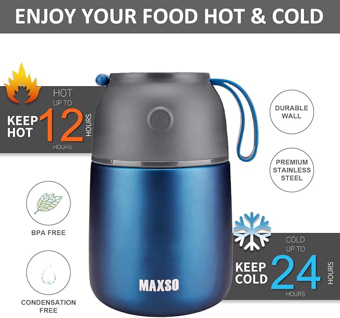 Insulated Thermo Food Jar for Hot & Cold Food for Kids Adult, 17 oz Soup Thermal Hot Food Containers for Lunch, Triple Layer Insulation Stainless Steel Food Jar with Spoon(Blue)-BubblyBeeBaby