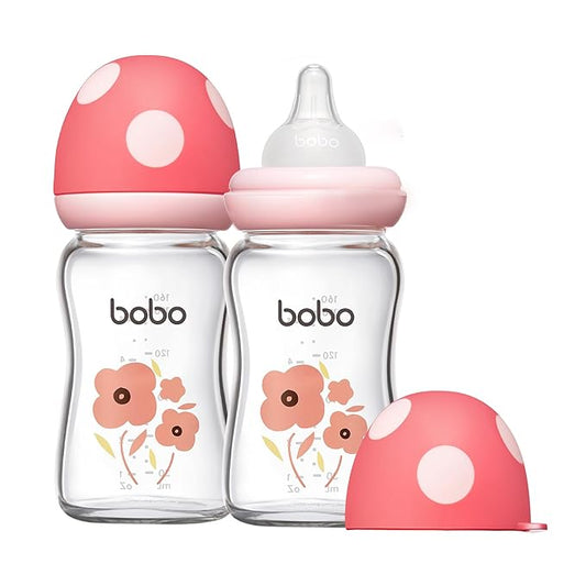 YOHKOH Natural Glass Baby Bottle with Natural Response Nipple, Newborn Anti-Colic Baby Bottles, Wide Neck Mushroom Cap Baby Bottle, Clear ((5.4oz (Pack of 2), Red-1)-BubblyBeeBaby