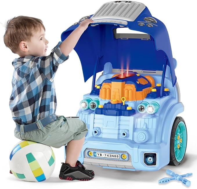 Interactive Truck Engine Toy with Removable Parts - Lights, Sounds, and Fun for Young Mechanics -Unleash Their Creativity and Motor Skills with This Truck Engine Toy (Bule)-BubblyBeeBaby