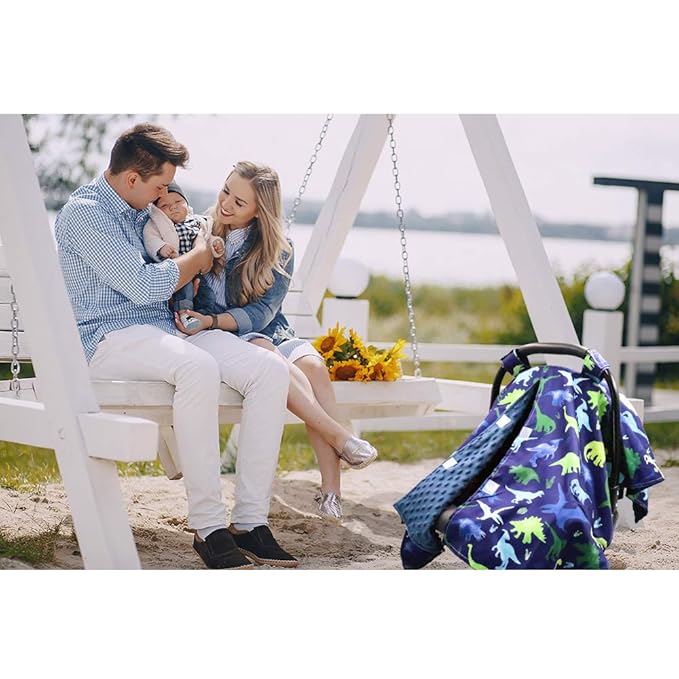 TANOFAR Car Seat Cover Baby, Carseat Covers Baby Boy Girl, Peekaboo Opening Infant Car Seat Cover for Winter, Warm & Cozy, Blue Dinosaur-BubblyBeeBaby
