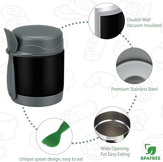 10oz Soup Thermo for Hot Food Kids,Lunch Thermo Kids Food Jar with Spoon Hot Insulated Food Containers,Leak Proof Stainless Steel Wide Mouth Lunch Food Thermo Jar for School(Black)-BubblyBeeBaby