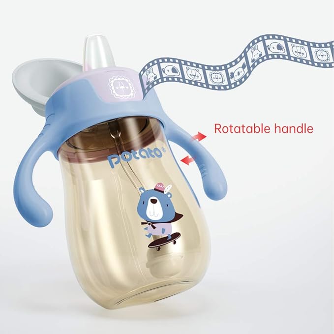 POTATO Sippy Cups For Toddlers with Straw Spill Proof, PPSU Learner Cup with Handle for Boy, Water Bottle for Baby 6 Months with 2 Type of Spout, 6 Ounce Blue-BubblyBeeBaby