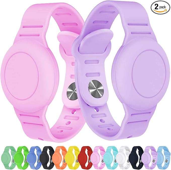 2 Pack Waterproof AirTag Bracelet for Kids, Hidden Silicone Wristband for AirTag, GPS Tracker Case for Air Tag Holder Strap Band for Child Toddler, Secure Anti-Loss Protection(Pink Purple)-BubblyBeeBaby
