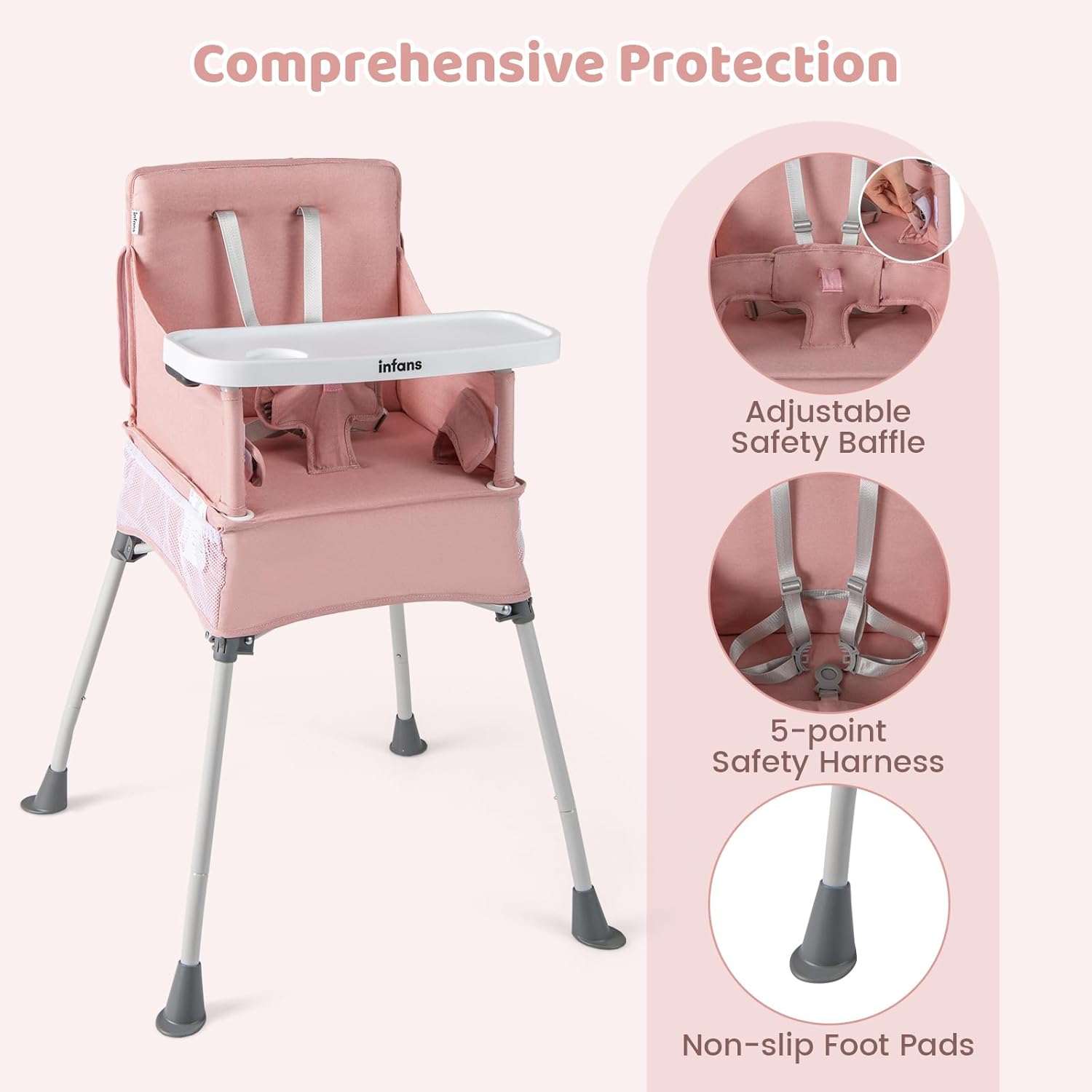 INFANS Baby High Chair, Foldable Portable Highchair for Babies and Toddlers with Travel Bag Adjustable Tray, 5 Point Harness, Compact Space Saver Infant Feeding Chair for Age 6-36 Months (Pink)