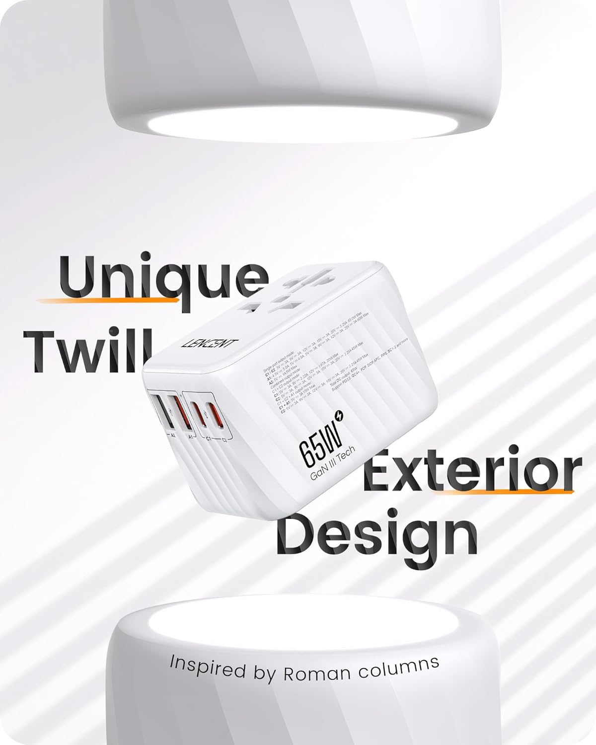 LENCENT Universal Travel Adapter, 65W GaN International Fast Charger with 2 PD3.0 Type C+2 QC USB A, Worldwide Power Adaptor for Phones,Laptops, All in One Travel Essentials for EU/USA/UK/AU, White