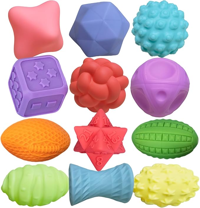 12P Sensory Balls for Toddlers 1-3,Balls for Baby Toys 6-12 Months,Bright Color Textured Multi Soft,Baby Massage Toy,Birthdays, Includes Storage Bag-BubblyBeeBaby