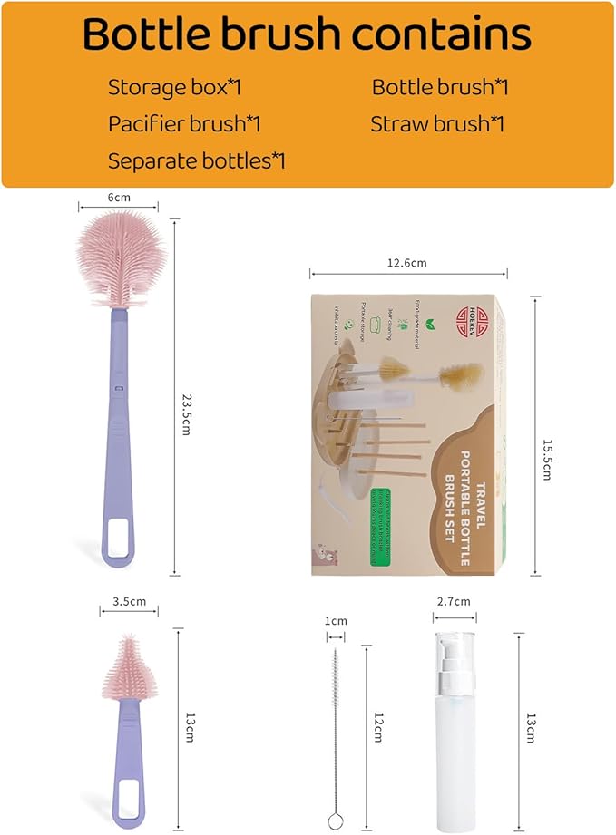 HOEREV Portable Baby Silicone Bottle Brush Set Include Pacifier Brush, Straw Brush, draining Rack, Portable Box-BubblyBeeBaby