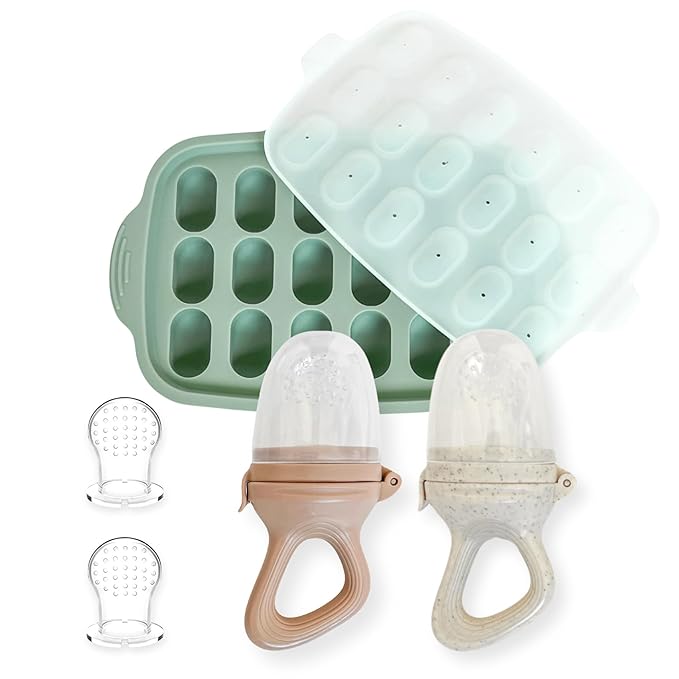 Hippypotamus Baby Food Feeder & Freezer Tray - Silicone Fruit Feeder - Pacifier Teething Toys - 2 Extra Pouches - Set of 2-BubblyBeeBaby