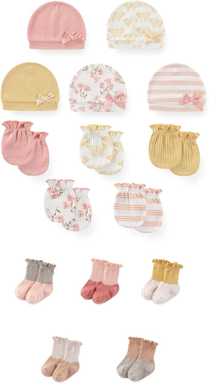 15 Pack Unisex New Born Boy Girls No Scratch Mittens Sets Cotton Soft Baby Gloves Hats socks Accessory 0-6 Months-BubblyBeeBaby
