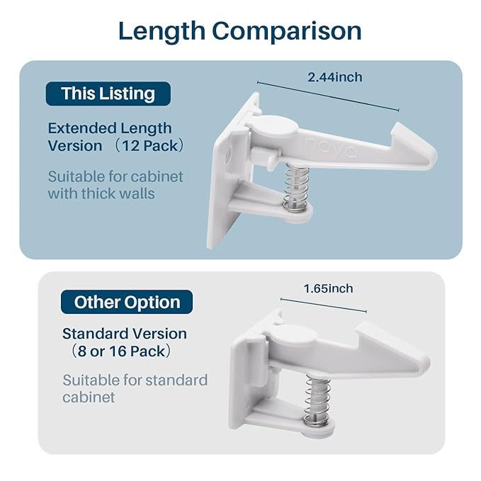 Inaya Cabinet Locks Child Safety Latches - Baby Proofing Cabinets & Drawers Locks - Child Proof Your Home - No Drilling & No Tools Required! (12 Pack - Extended Length Version)-BubblyBeeBaby