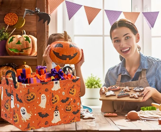 HIYAGON Halloween Basket Halloween Pumpkin Basket for Boys and Girls Trick or Treat Pumpkin Basket for Halloween Parties Cute Storage Bin Organizer Box Rectangular Room Decor(Halloween Pumpkin)-BubblyBeeBaby
