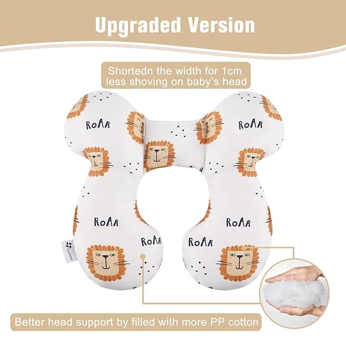 vocheer Baby Travel Pillow(Upgraded), Head and Neck Support Pillow for Pushchair, Car Seat,Stroller, Bouncer, Cotton, Lion-BubblyBeeBaby