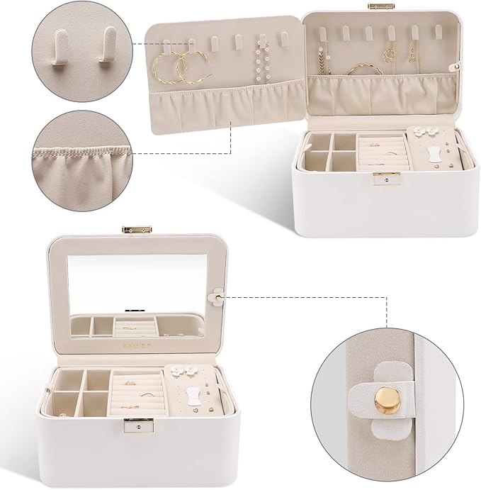KAMIER Travel Jewelry Box, 2 Layers PU Leather Portable Jewelry Organizer, Large Capacity, Double Lock and Large Mirror, Hidden Necklace Hooks, Removable Dividers, Gift Box Packaging, White-BubblyBeeBaby