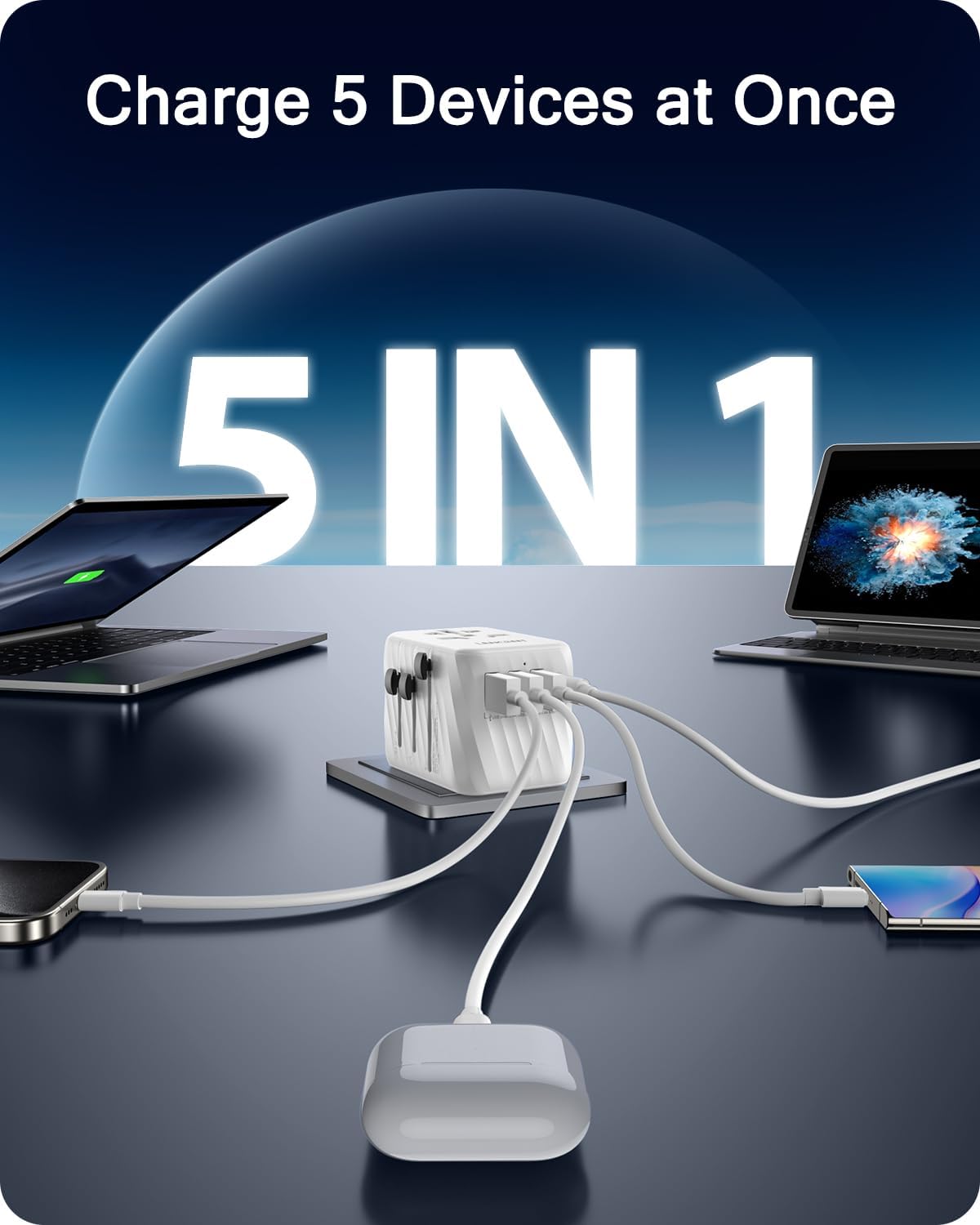 LENCENT Universal Travel Power Adapter, International AC Plug Adaptor with 3 USB A Ports 1 Type C PD Wall Charger Worldwide Travel Essentials for US to EU UK Ireland Australia (Type C/G/A/I) White